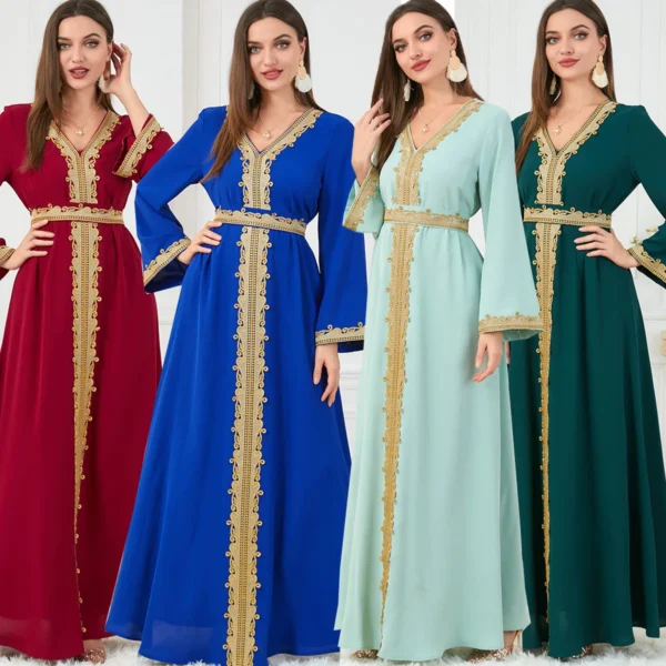 ملابس نسائية مسلمة لون نقي الربط الأساسية فضفاضة مطرزة تنورة طويلة فستان طويل الأكمام