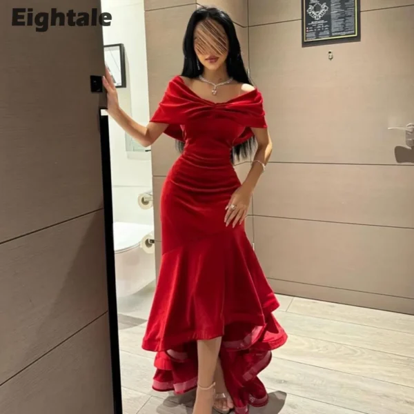 فستان سهرة مخملي من Eightale فستان سهرة عربي سعودي بأكمام قصيرة مخصص رسمي أحمر حورية البحر لحفلات الزفاف والحفلات الراقصة