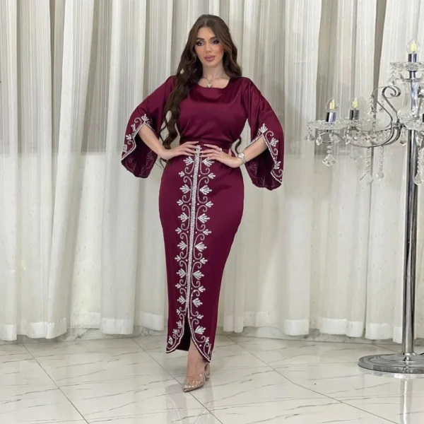 فستان سهرة أنيق من الساتان فستان إسلامي للنساء عباية بأكمام طويلة فساتين تركية أنيقة ماسية للنساء فستان ماكسي دبي قفطان
