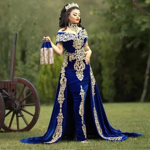 قفطان مغربي قفطان فساتين سهرة إسلامية مزينة بالدانتيل الذهبي وأكمام قصيرة أزرق ملكي حورية البحر مخملية عربية فساتين حفلات طويلة